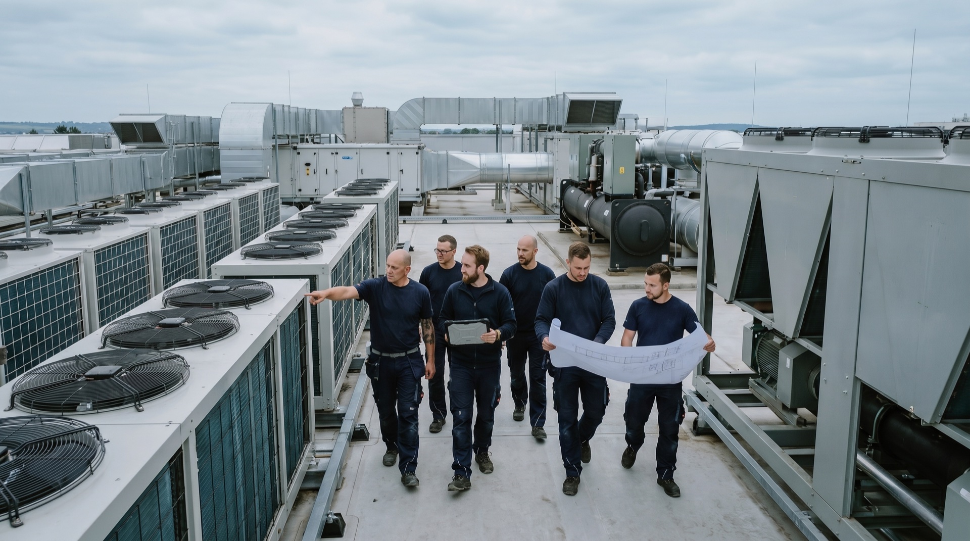KOS-KLIMA-Team auf einem Industriedach mit Klimaanlagen